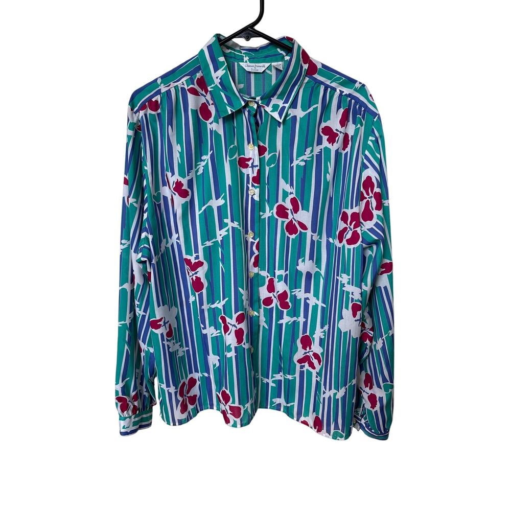 Vintage James Kenrob Dalton Blouse Size 20 Floral Stripe Button Front Long Sleev